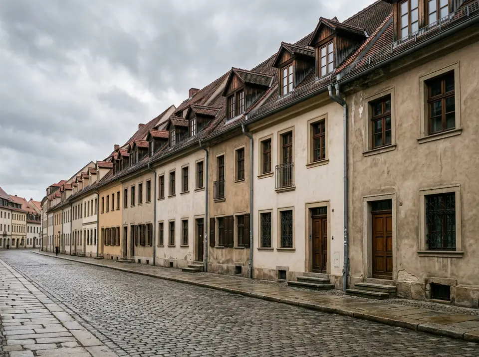 Városi utcasor magas, cserepes tetőkkel és fémcsatornákkal.